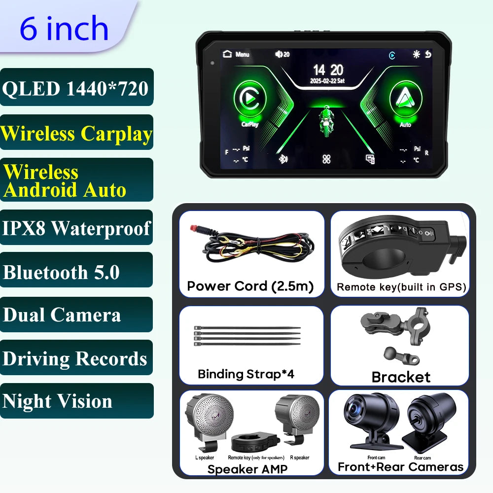 Pantalla Incell De Navegación Para Motocicleta De 6 Pulgadas, 1440X720, Carplay Inalámbrico, Android, Auto, Motor GPS, Monitor DVR, TPMS Opcional