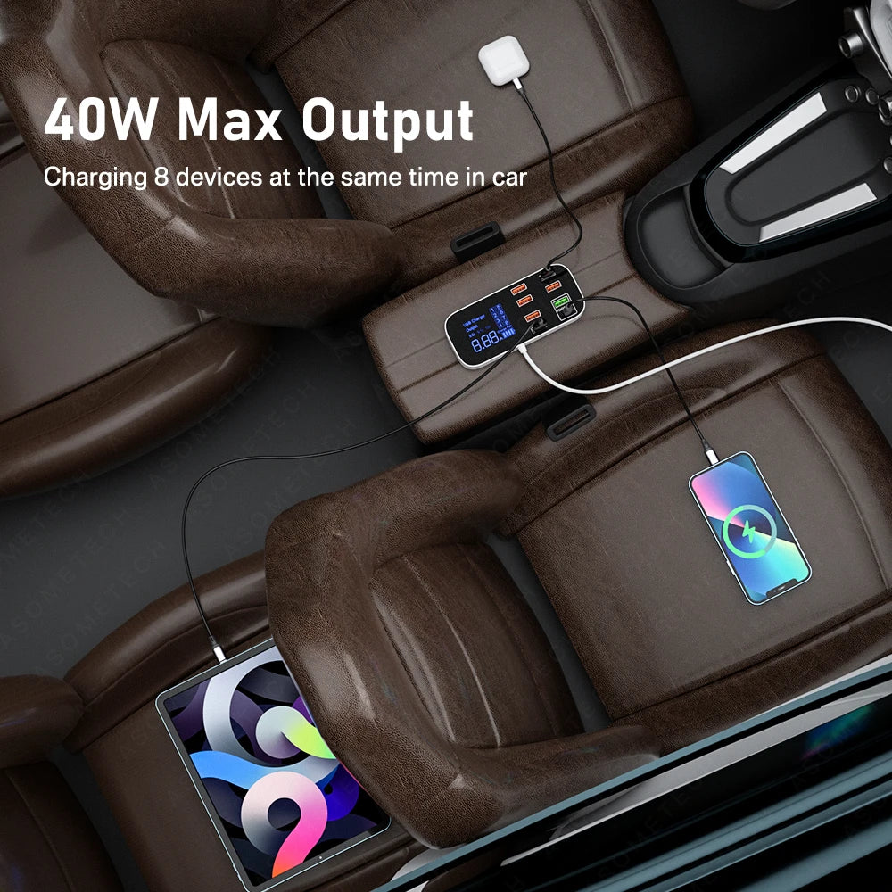 Cargador De Coche USB De 40W Y 8 Puertos QC3.0 PD Tipo C Cargador De Teléfono Rápido Con Pantalla LED Cargador Multi USB Para Iphone 14 Android Samsung