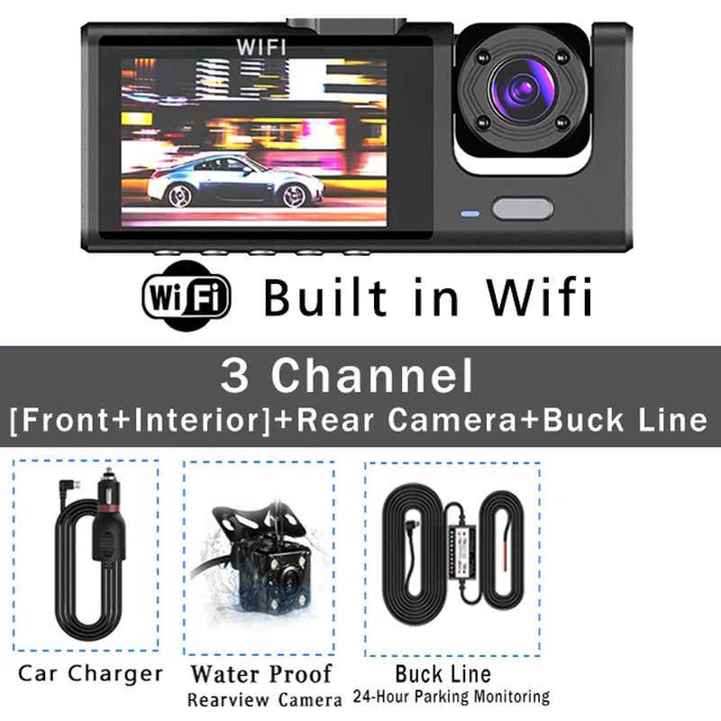 Wifi 3 Canales Coche DVR Cámara De Salpicadero De Tres Vías Dentro De La Cámara Del Vehículo DVR Grabadora FHD 1080P Vídeo Mini Registrador Dashcam Videocámara