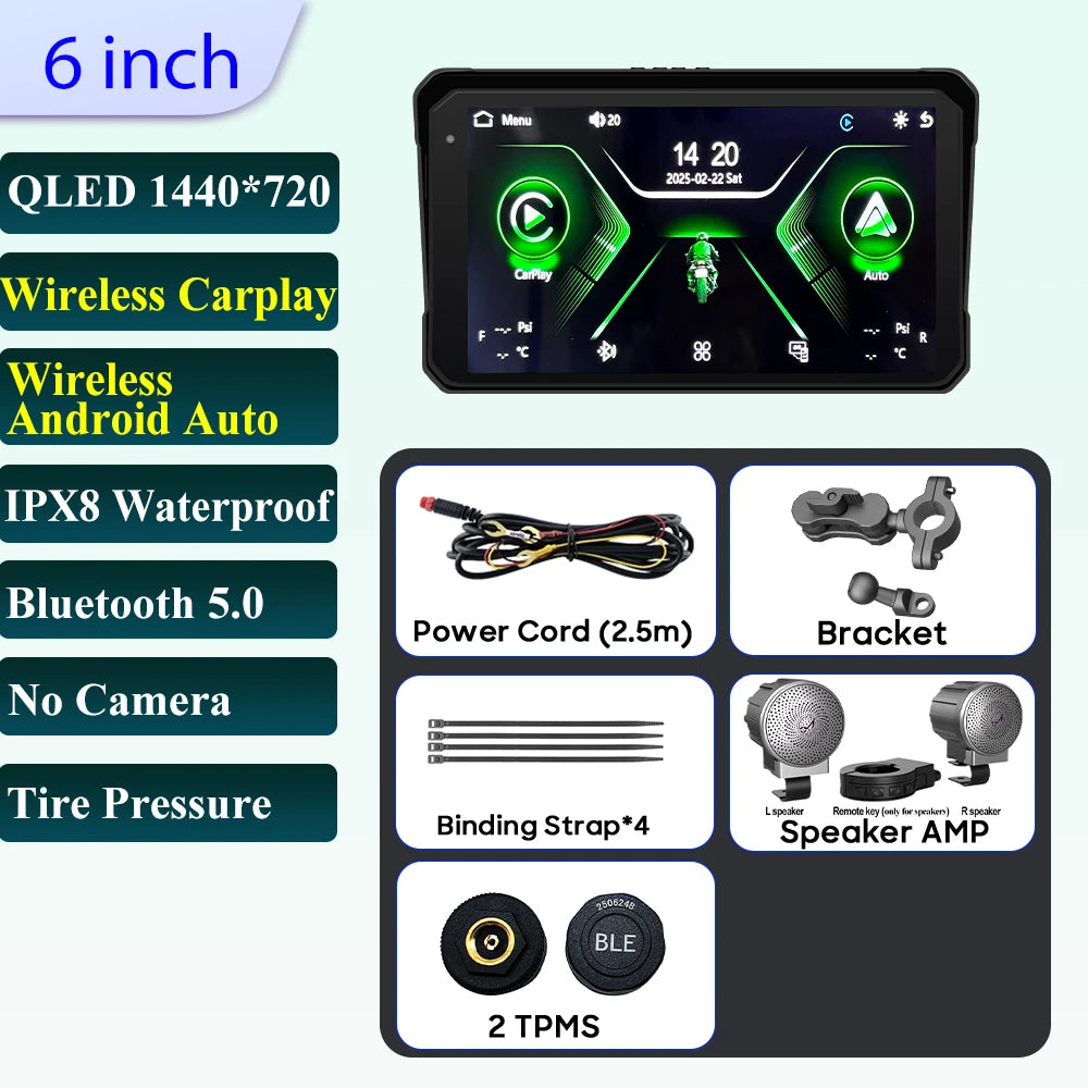 Pantalla Incell De Navegación Para Motocicleta De 6 Pulgadas, 1440X720, Carplay Inalámbrico, Android, Auto, Motor GPS, Monitor DVR, TPMS Opcional
