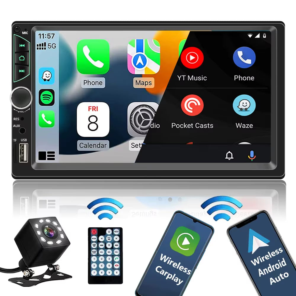 Radio De Coche Con Pantalla Táctil HD De 7 Pulgadas, Reproductor De Vídeo De Coche De Alta Calidad De 2 Din, Carplay Inalámbrico, Android Auto Con Cámara Trasera Bluetooth