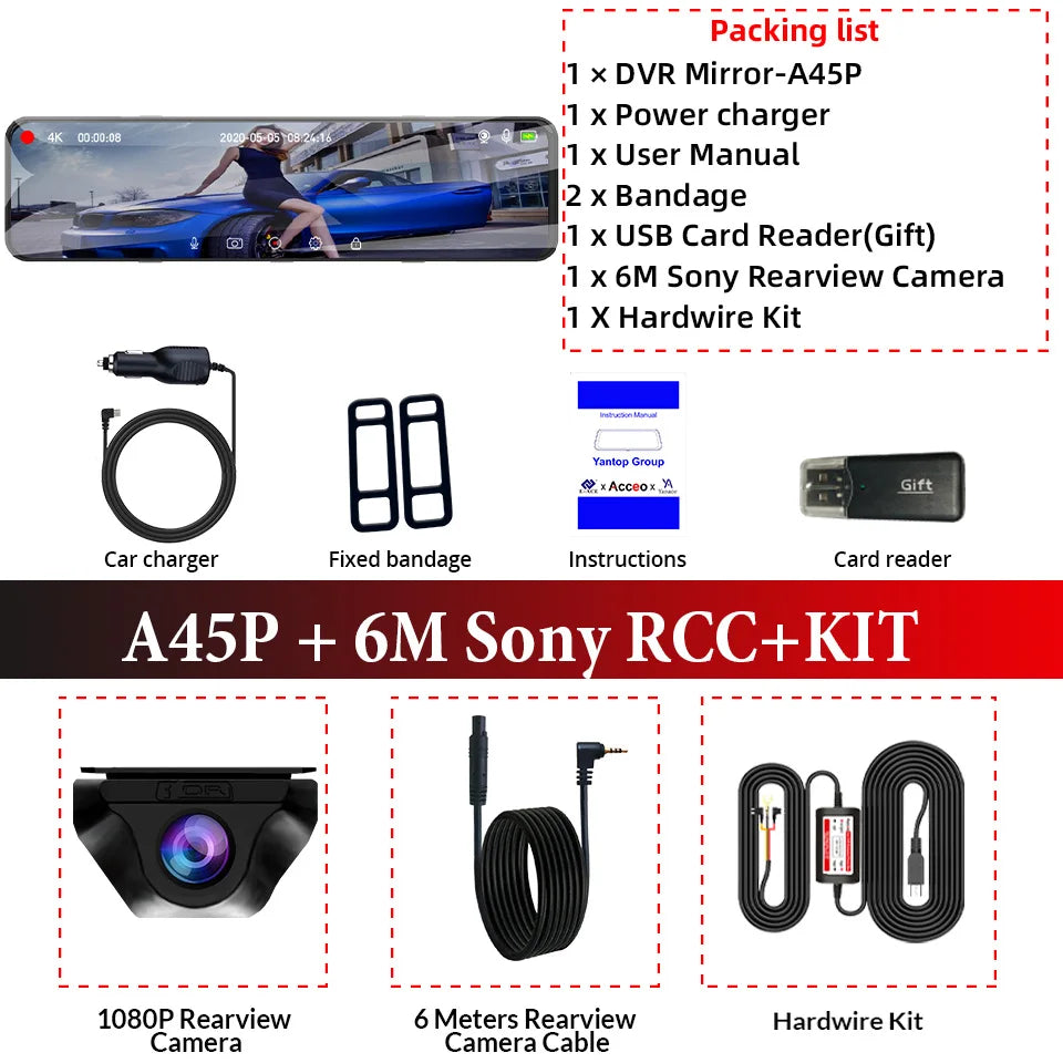 Cámara Para Coche E-ACE 4K WIFI, Grabadora DVR De 12 Pulgadas Con Espejo Retrovisor, Compatible Con 1080P Sony, Caja Negra, Cámara De Visión Trasera, Accesorios