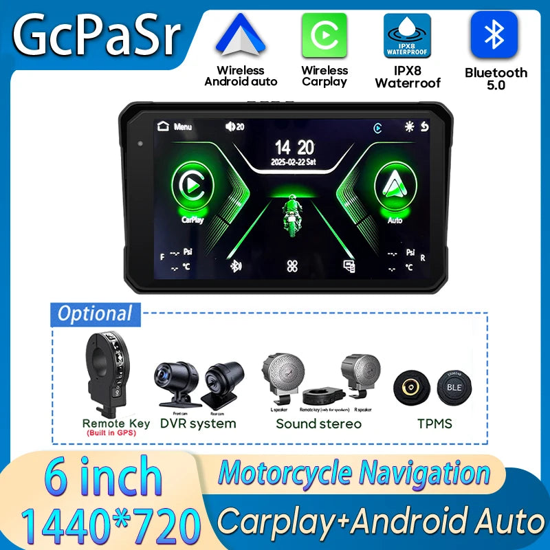 Pantalla Incell De Navegación Para Motocicleta De 6 Pulgadas, 1440X720, Carplay Inalámbrico, Android, Auto, Motor GPS, Monitor DVR, TPMS Opcional