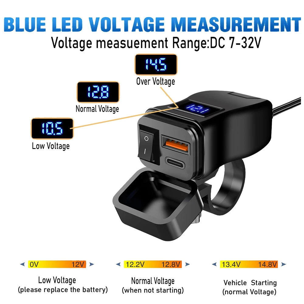 Cargador USB PD Dual QC3.0 Para Motocicleta, Carga Rápida Con Voltímetro, Termómetro, Pantalla Digital, Toma De Cargador Para Teléfono Móvil