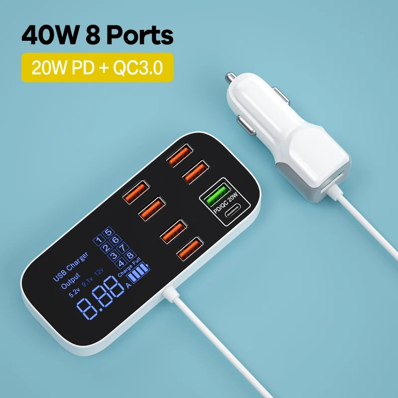Cargador De Coche USB De 40W Y 8 Puertos QC3.0 PD Tipo C Cargador De Teléfono Rápido Con Pantalla LED Cargador Multi USB Para Iphone 14 Android Samsung
