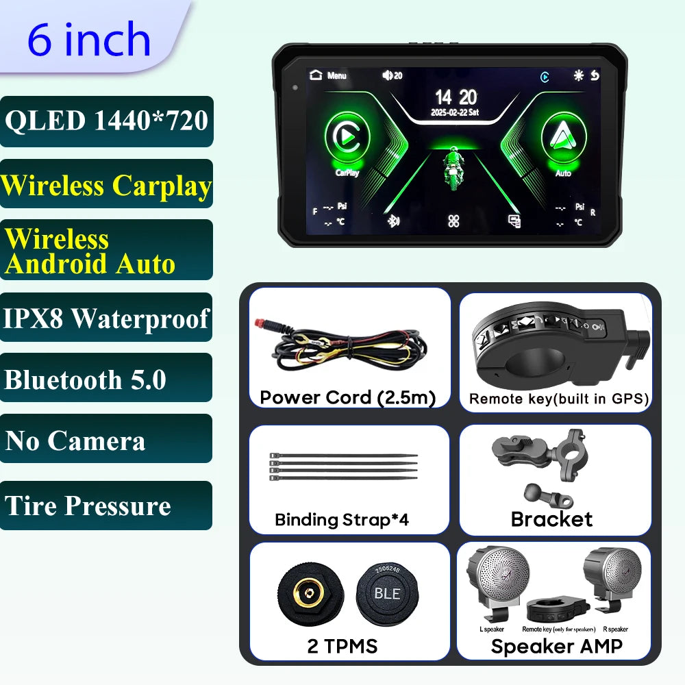 Pantalla Incell De Navegación Para Motocicleta De 6 Pulgadas, 1440X720, Carplay Inalámbrico, Android, Auto, Motor GPS, Monitor DVR, TPMS Opcional