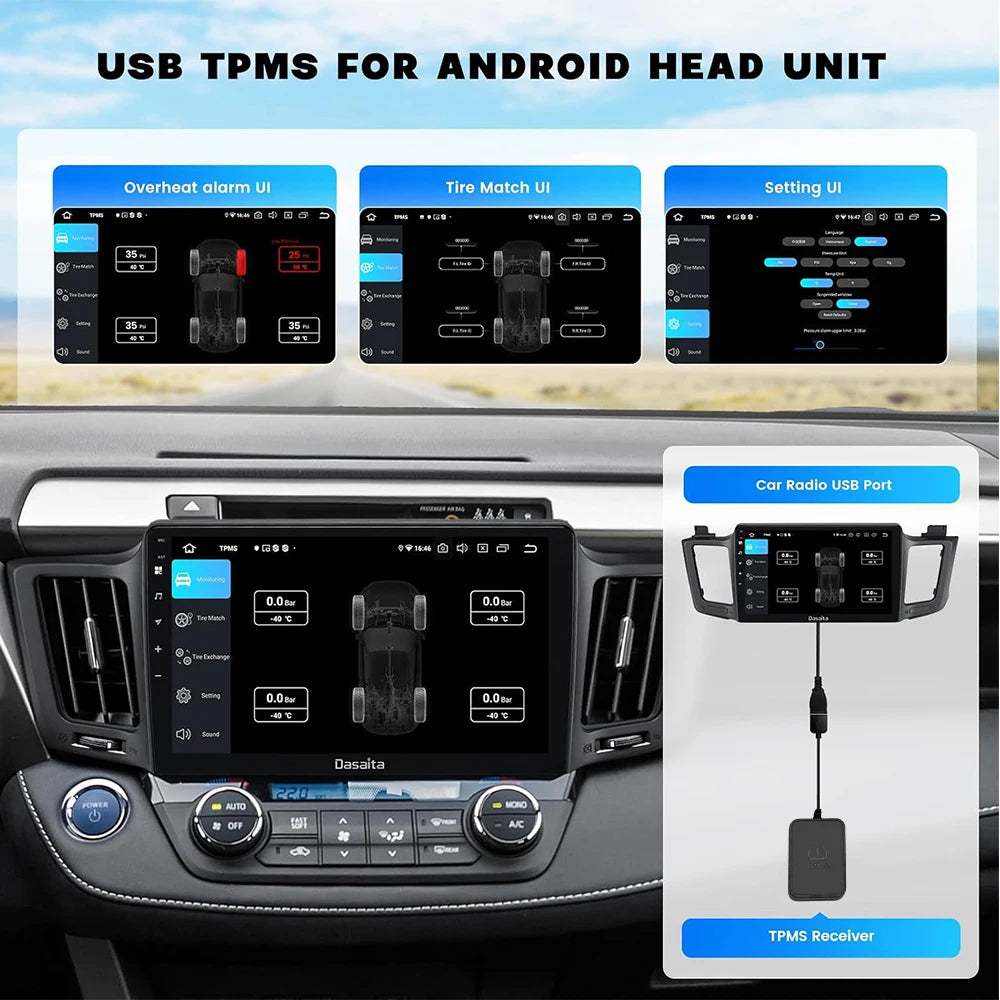 Sistema De Monitoreo De Presión De Neumáticos De Transmisión Inalámbrica TPMS USB Android Para Coche TPMS De Navegación Android Con Sistema De Alarma De 4 Sensores