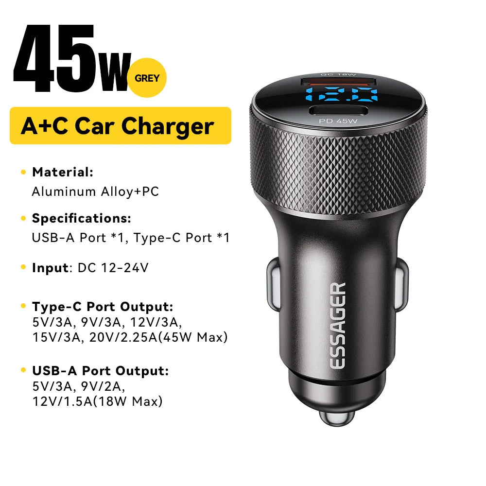 Essager USB C Cargador De Coche 45W 2 Puertos PD3.0 QC3.0 Pantalla Digital Cargador De Teléfono De Coche Para Iphone 16 15 Xiaomi Huawei Samsung OPPO