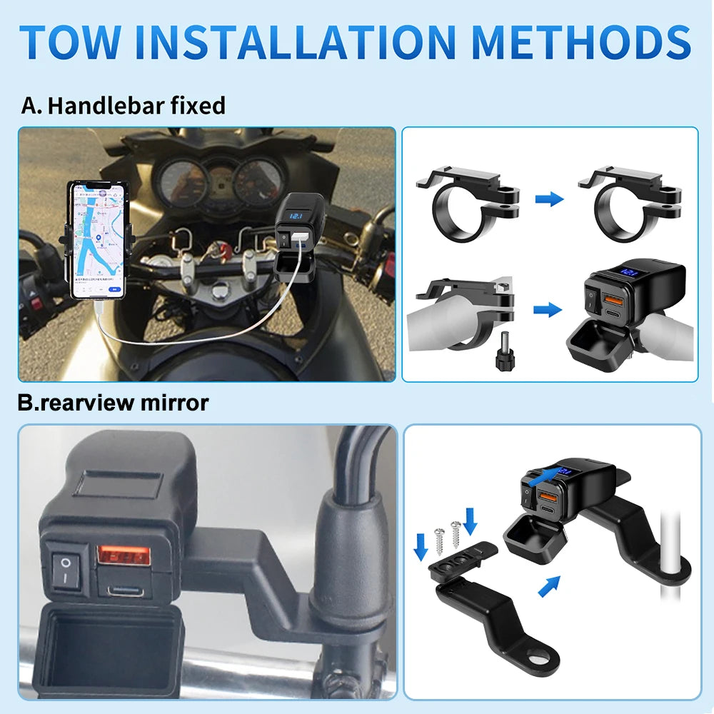 Cargador USB PD Dual QC3.0 Para Motocicleta, Carga Rápida Con Voltímetro, Termómetro, Pantalla Digital, Toma De Cargador Para Teléfono Móvil