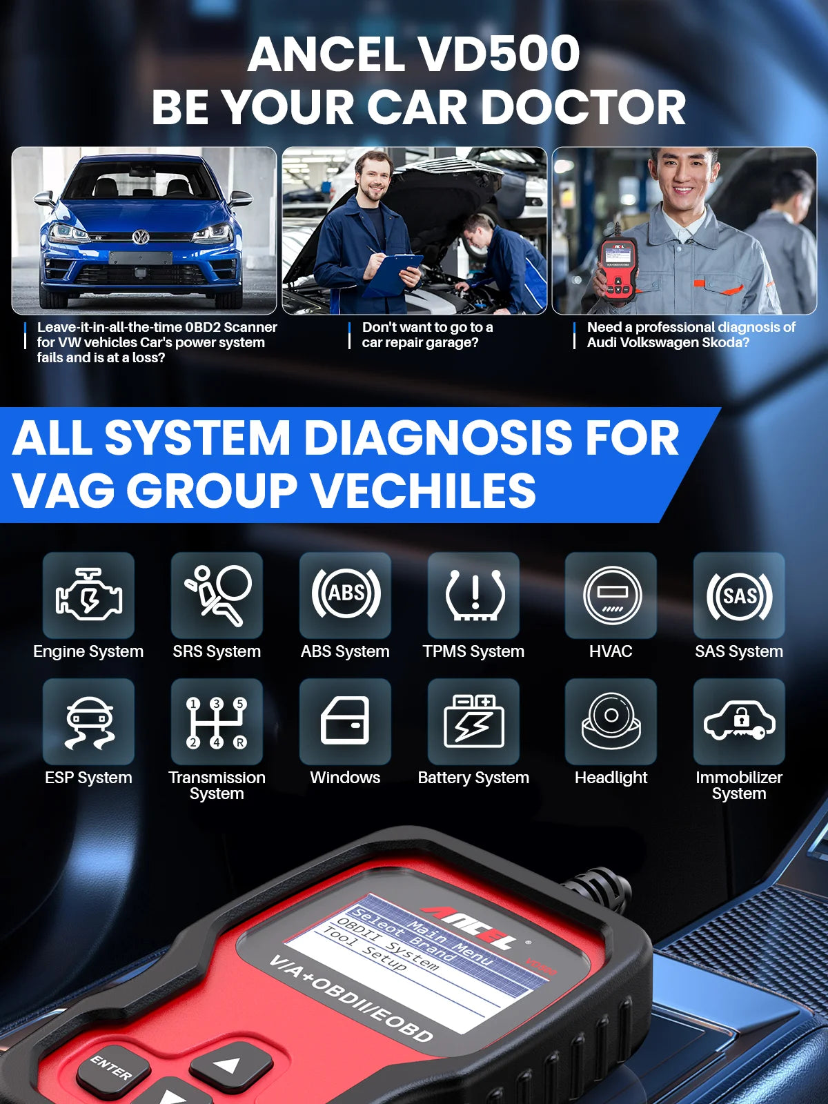 Escáner OBD2 Ancel VD500, Escaneo Completo Del Sistema, Reinicio De ABS, Aceite Y EPB, Herramienta De Diagnóstico Automotriz OBD 2 Para VW