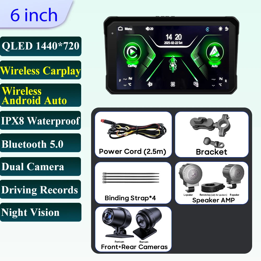 Pantalla Incell De Navegación Para Motocicleta De 6 Pulgadas, 1440X720, Carplay Inalámbrico, Android, Auto, Motor GPS, Monitor DVR, TPMS Opcional