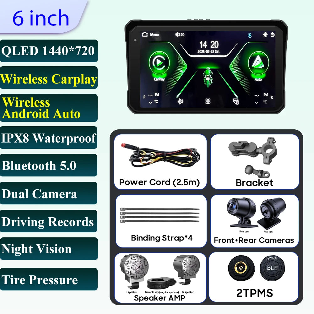 Pantalla Incell De Navegación Para Motocicleta De 6 Pulgadas, 1440X720, Carplay Inalámbrico, Android, Auto, Motor GPS, Monitor DVR, TPMS Opcional
