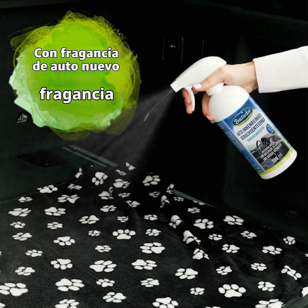 Bactador Spray Limpiador Y Eliminador De Olores Para Coches 500 Ml - Eliminador De Olores Microbiológicos Y Limpiador Para Interiores De Coches - Fiable Para Olores De Mascotas - Natural