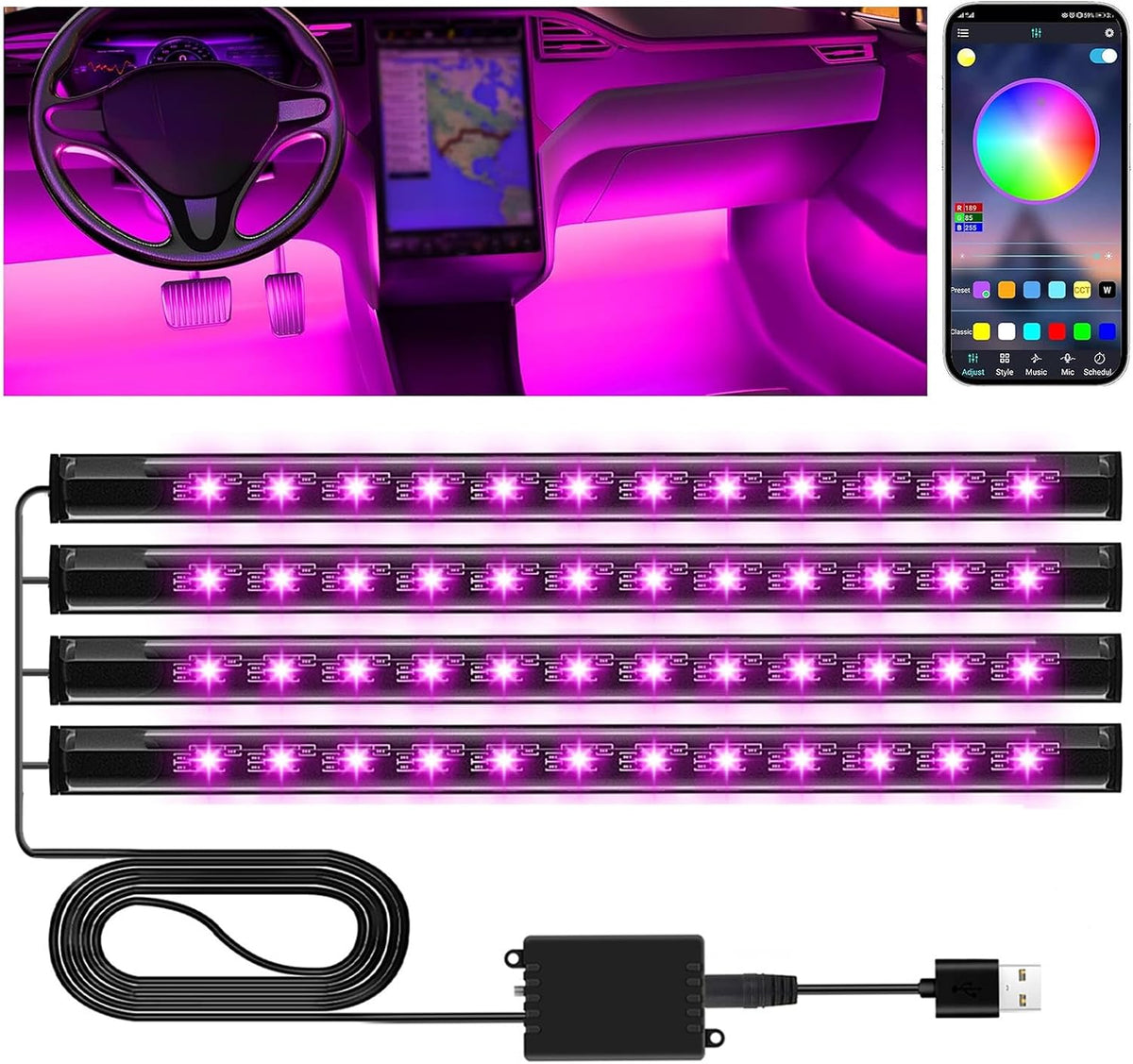 Winzwon Luces LED Coche Interior,Car Accessories App Control, Regalo Para Dia De La Madre, Hombre, Mujer, Luces Con Puerto USB, Car Ambient Lights (1)