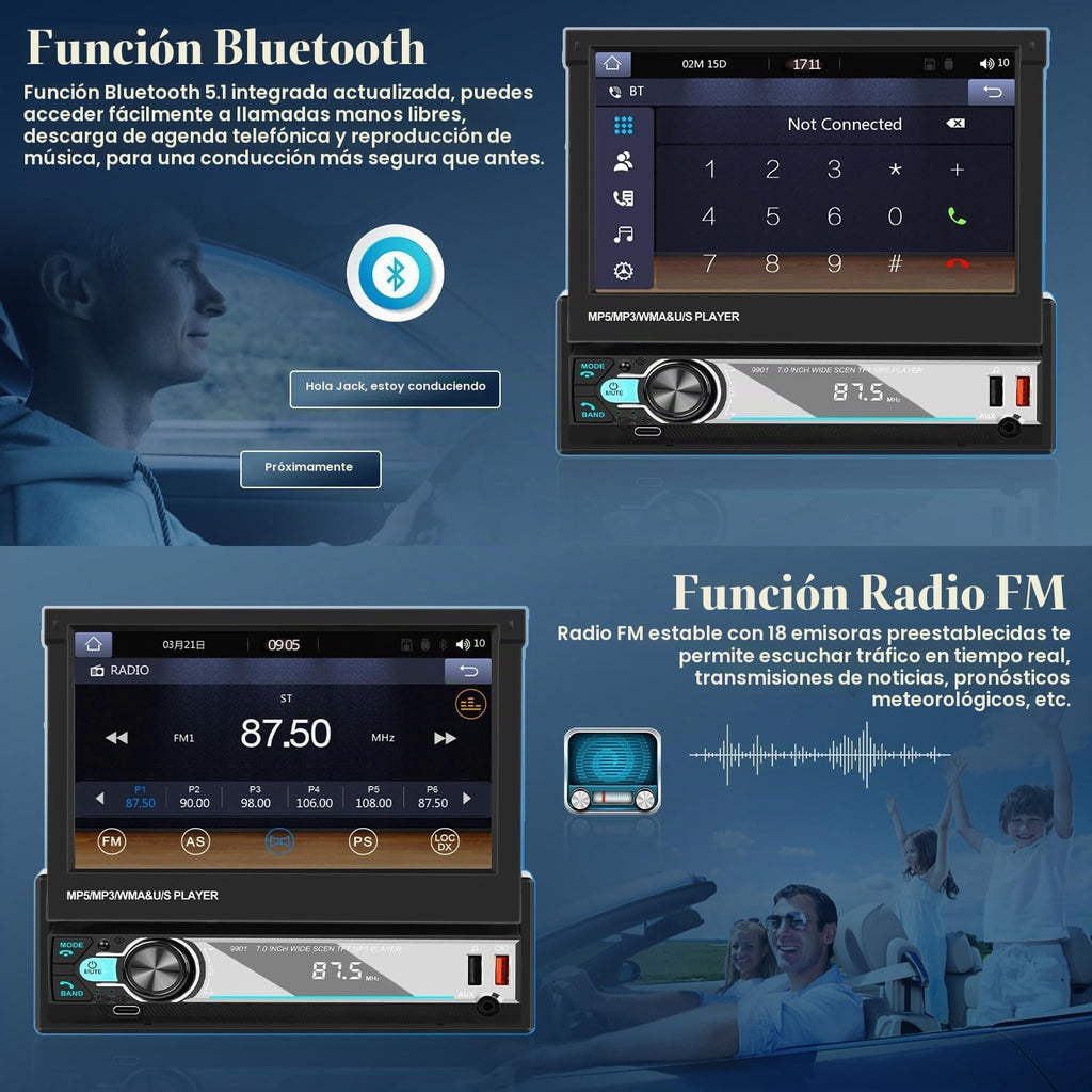 Hikity 7" 1 DIN Carplay Radio Coche Con Bluetooth FM Cámara Trasera | Pantalla Táctil Android Auto Wireless Carplay Mirror Link EQ Control Del Volante Manos Libres USB AUX