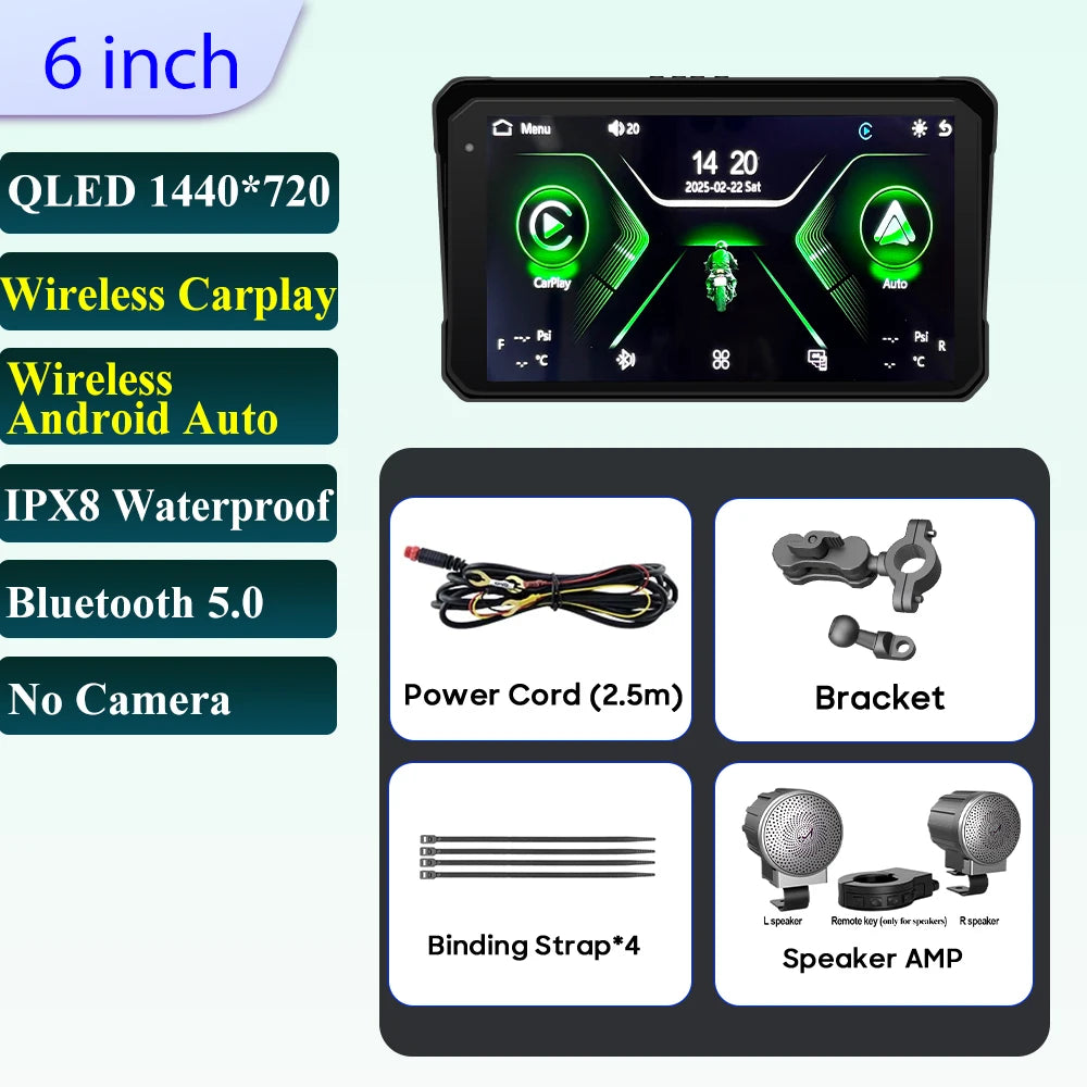 Pantalla Incell De Navegación Para Motocicleta De 6 Pulgadas, 1440X720, Carplay Inalámbrico, Android, Auto, Motor GPS, Monitor DVR, TPMS Opcional