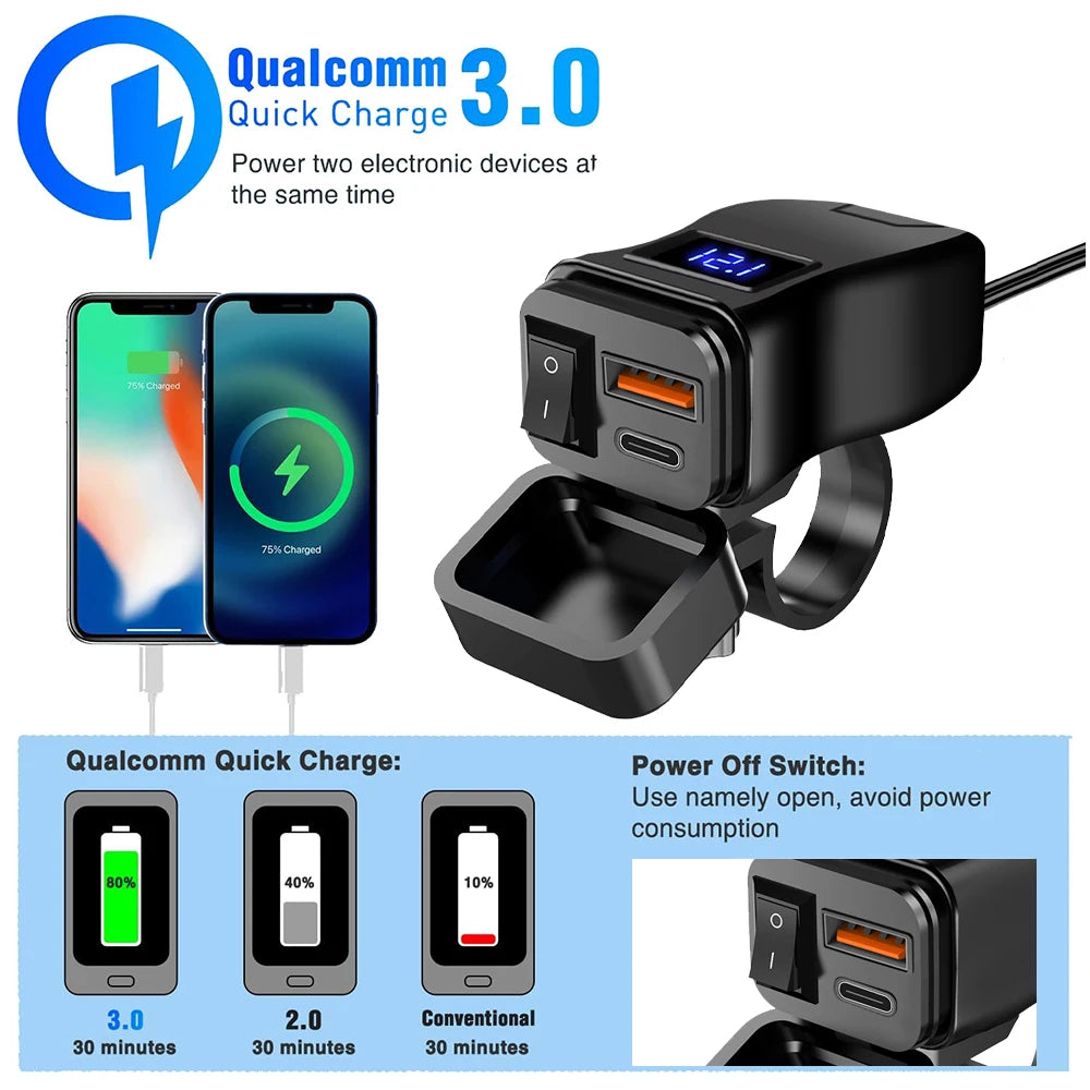 Cargador USB PD Dual QC3.0 Para Motocicleta, Carga Rápida Con Voltímetro, Termómetro, Pantalla Digital, Toma De Cargador Para Teléfono Móvil