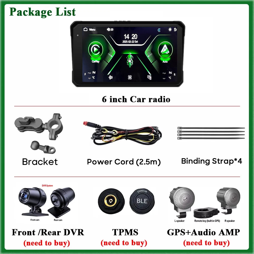Pantalla Incell De Navegación Para Motocicleta De 6 Pulgadas, 1440X720, Carplay Inalámbrico, Android, Auto, Motor GPS, Monitor DVR, TPMS Opcional