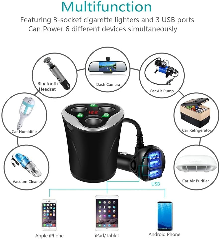 Cargador De Coche 3 USB Adaptador + 3 Sockets Encendedor De Cigarrillos Splitter 120W 12/24V Con LED Voltaje Display Separado On/Off Interruptor Sostenedor De Taza Para Iphone GPS & Dash CAM