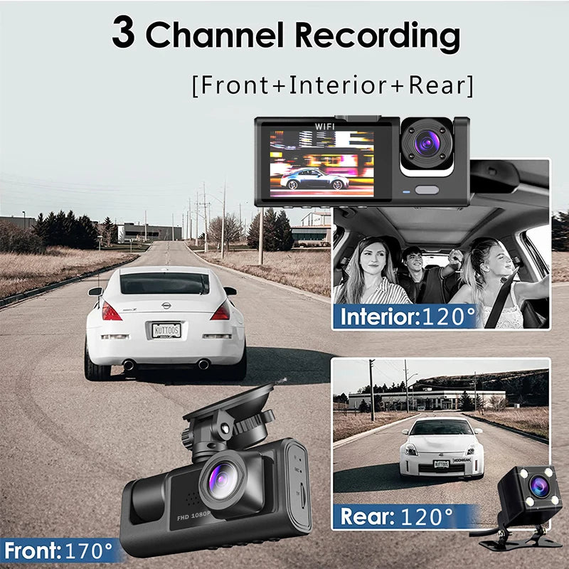 Wifi 3 Canales Coche DVR Cámara De Salpicadero De Tres Vías Dentro De La Cámara Del Vehículo DVR Grabadora FHD 1080P Vídeo Mini Registrador Dashcam Videocámara