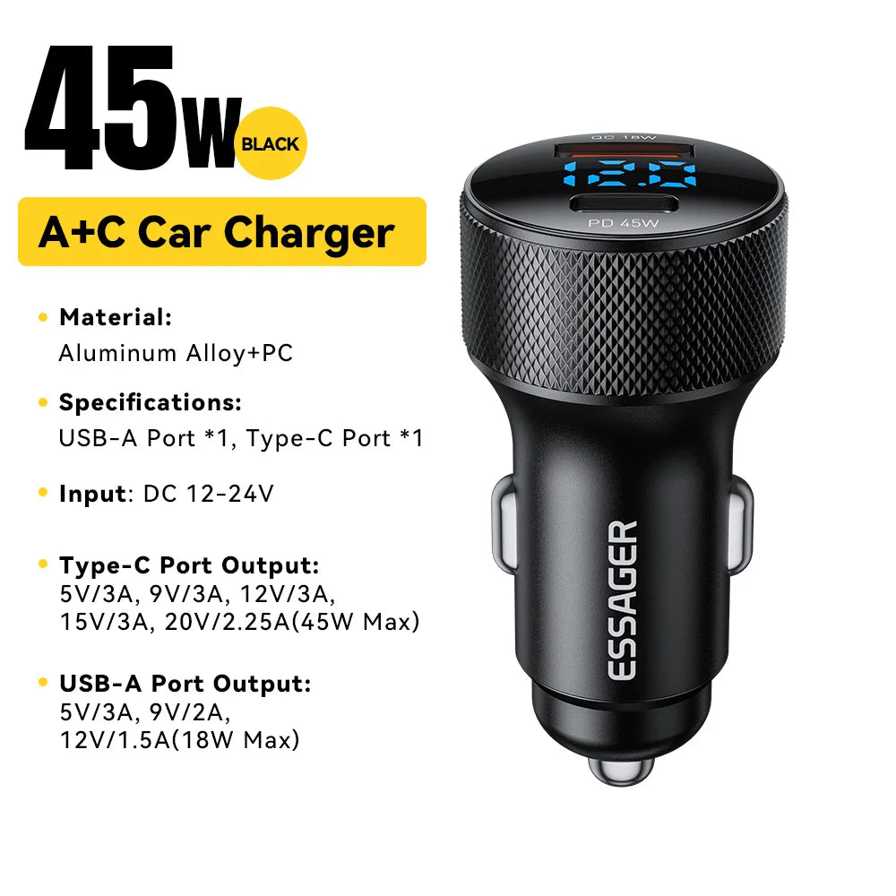 Essager USB C Cargador De Coche 45W 2 Puertos PD3.0 QC3.0 Pantalla Digital Cargador De Teléfono De Coche Para Iphone 16 15 Xiaomi Huawei Samsung OPPO