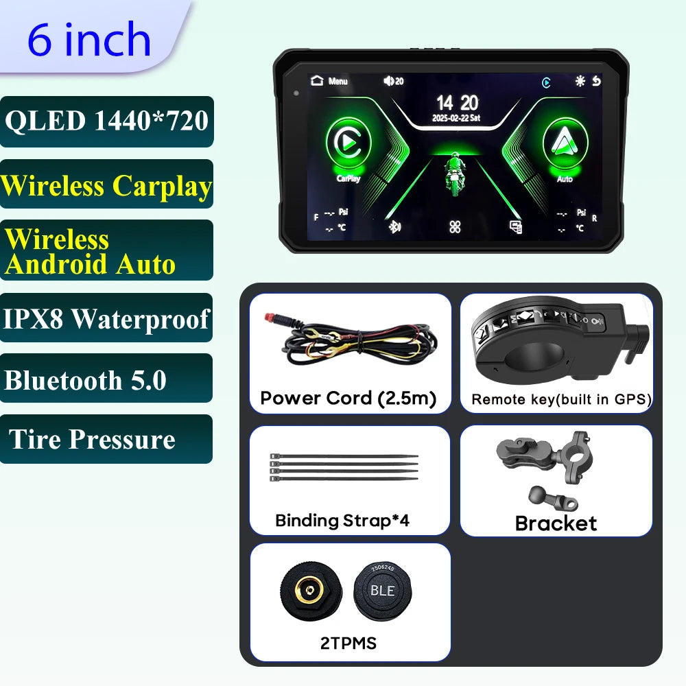 Pantalla Incell De Navegación Para Motocicleta De 6 Pulgadas, 1440X720, Carplay Inalámbrico, Android, Auto, Motor GPS, Monitor DVR, TPMS Opcional