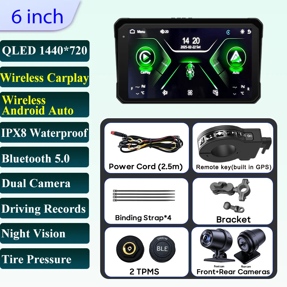Pantalla Incell De Navegación Para Motocicleta De 6 Pulgadas, 1440X720, Carplay Inalámbrico, Android, Auto, Motor GPS, Monitor DVR, TPMS Opcional