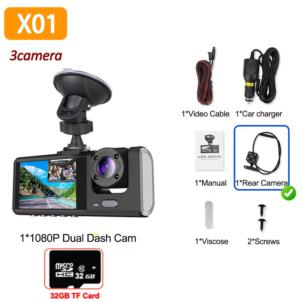 Cámara De Salpicadero Dvr 3 Para Coche, Grabadora De Vídeo Frontal Y Trasera Con Visión Nocturna IR, Camara Coche Delantera Grabar，Camara De Coche Grabación 24 Horas 1080P
