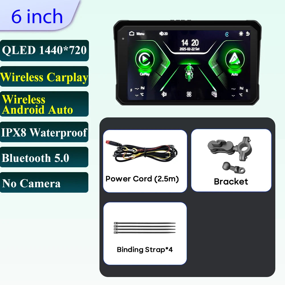 Pantalla Incell De Navegación Para Motocicleta De 6 Pulgadas, 1440X720, Carplay Inalámbrico, Android, Auto, Motor GPS, Monitor DVR, TPMS Opcional