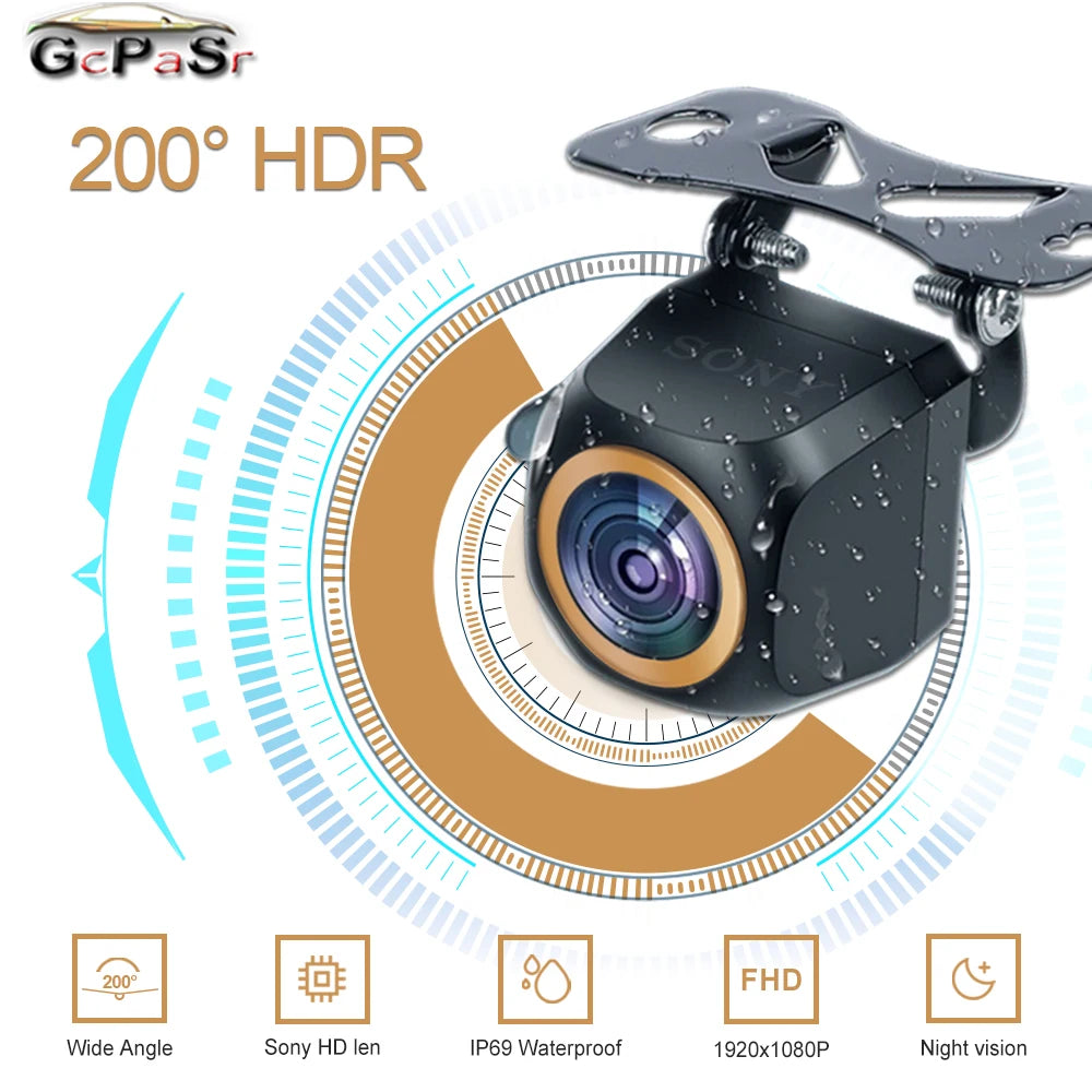 Gcpasr AHD 1920X1080P Cámara De Visión Trasera De Coche 200 ° Ojo De Pez Lente Dorada Full HD Visión Nocturna Vehículo Trasero Coche Cámara Frontal De Marcha Atrás