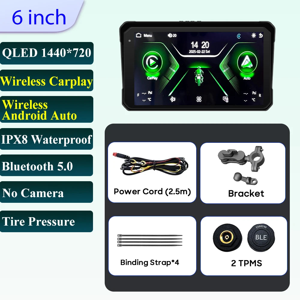 Pantalla Incell De Navegación Para Motocicleta De 6 Pulgadas, 1440X720, Carplay Inalámbrico, Android, Auto, Motor GPS, Monitor DVR, TPMS Opcional