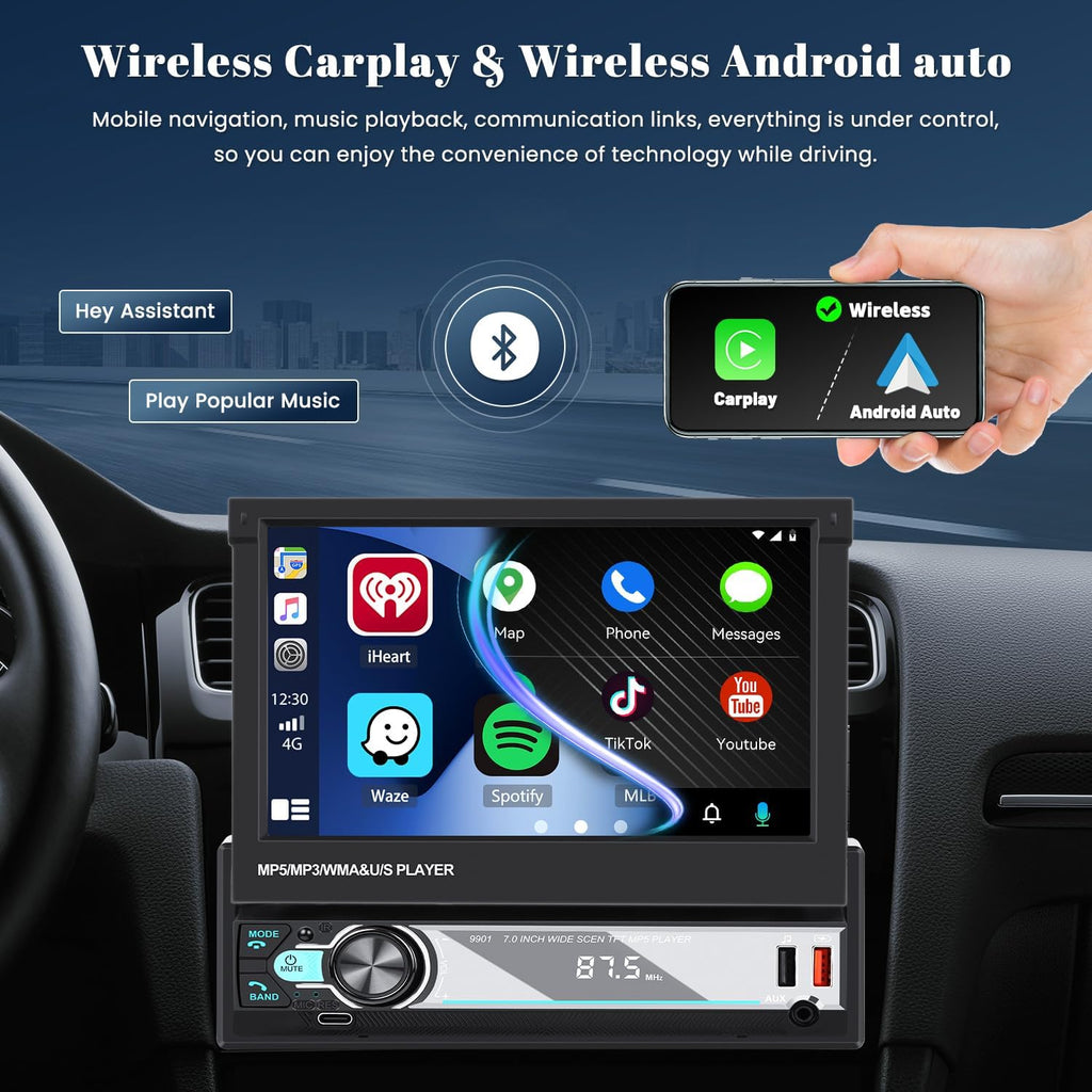 Hikity 7" 1 DIN Carplay Radio Coche Con Bluetooth FM Cámara Trasera | Pantalla Táctil Android Auto Wireless Carplay Mirror Link EQ Control Del Volante Manos Libres USB AUX