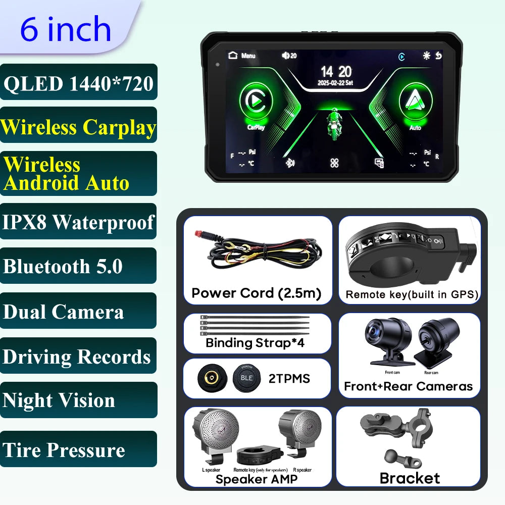 Pantalla Incell De Navegación Para Motocicleta De 6 Pulgadas, 1440X720, Carplay Inalámbrico, Android, Auto, Motor GPS, Monitor DVR, TPMS Opcional