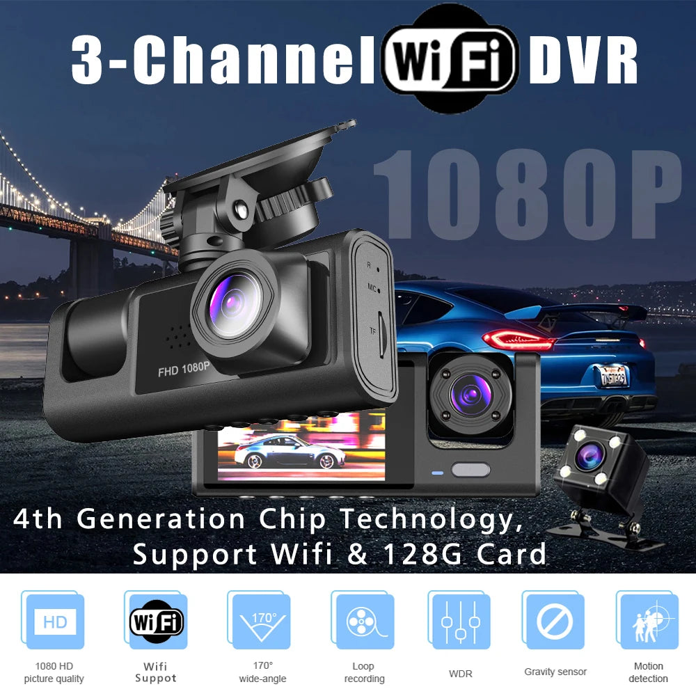 Wifi 3 Canales Coche DVR Cámara De Salpicadero De Tres Vías Dentro De La Cámara Del Vehículo DVR Grabadora FHD 1080P Vídeo Mini Registrador Dashcam Videocámara