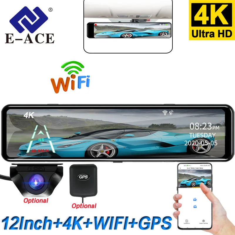 Cámara Para Coche E-ACE 4K WIFI, Grabadora DVR De 12 Pulgadas Con Espejo Retrovisor, Compatible Con 1080P Sony, Caja Negra, Cámara De Visión Trasera, Accesorios