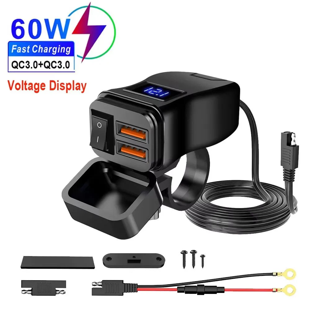 Cargador USB PD Dual QC3.0 Para Motocicleta, Carga Rápida Con Voltímetro, Termómetro, Pantalla Digital, Toma De Cargador Para Teléfono Móvil