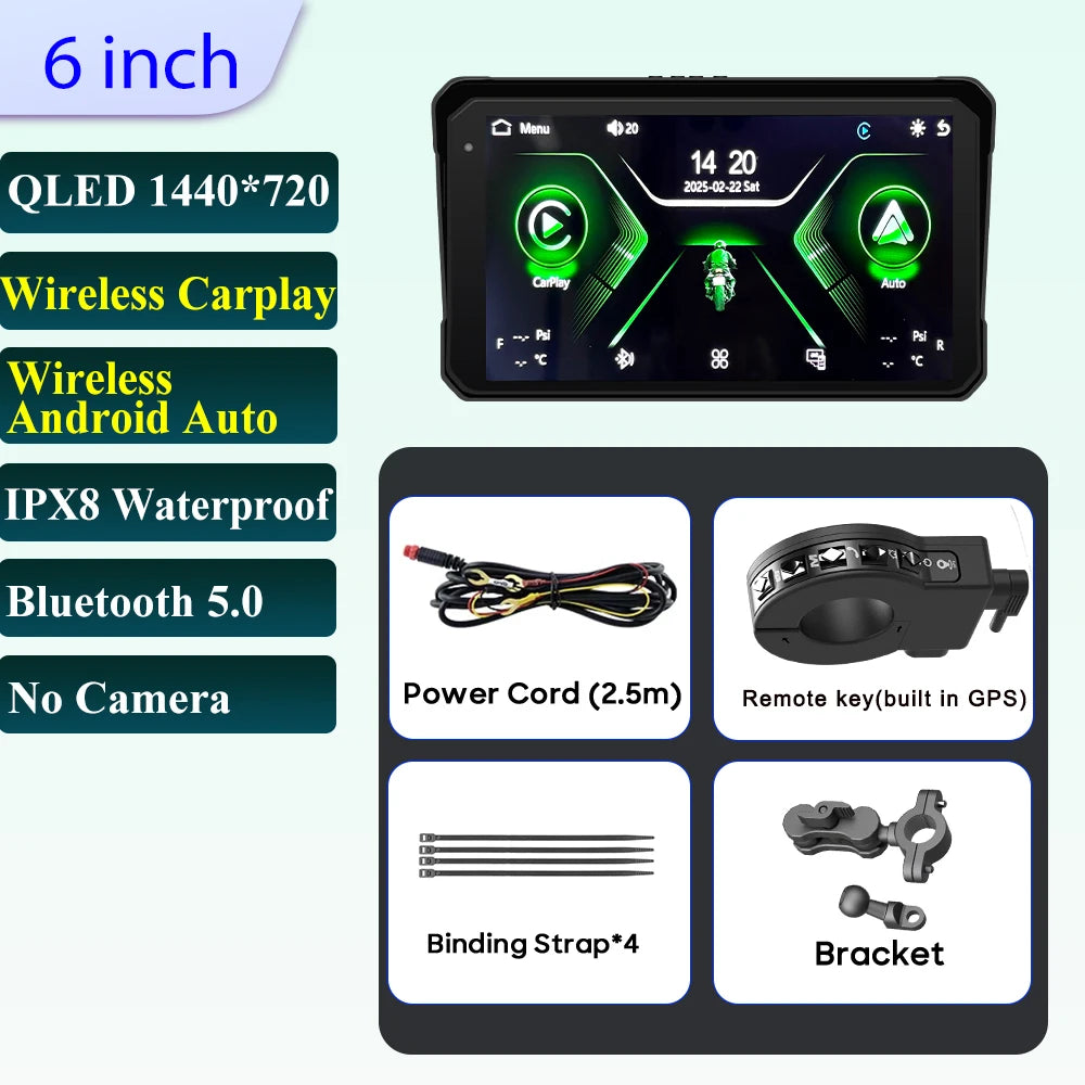 Pantalla Incell De Navegación Para Motocicleta De 6 Pulgadas, 1440X720, Carplay Inalámbrico, Android, Auto, Motor GPS, Monitor DVR, TPMS Opcional