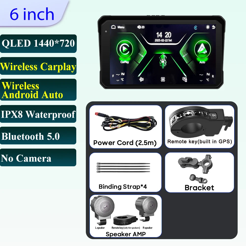 Pantalla Incell De Navegación Para Motocicleta De 6 Pulgadas, 1440X720, Carplay Inalámbrico, Android, Auto, Motor GPS, Monitor DVR, TPMS Opcional