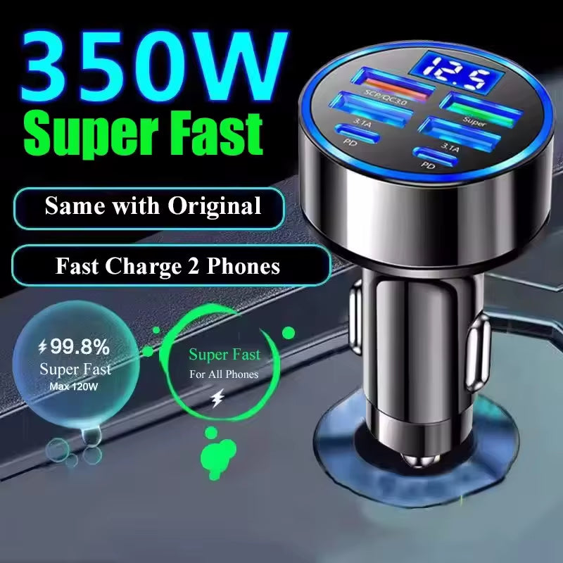 Cargador De Coche USB De 350W PD QC3.0 USB C Cargador De Teléfono De Coche Adaptador Tipo C Para Iphone Samsung Huawei Xiaomi Carga Rápida ﻿