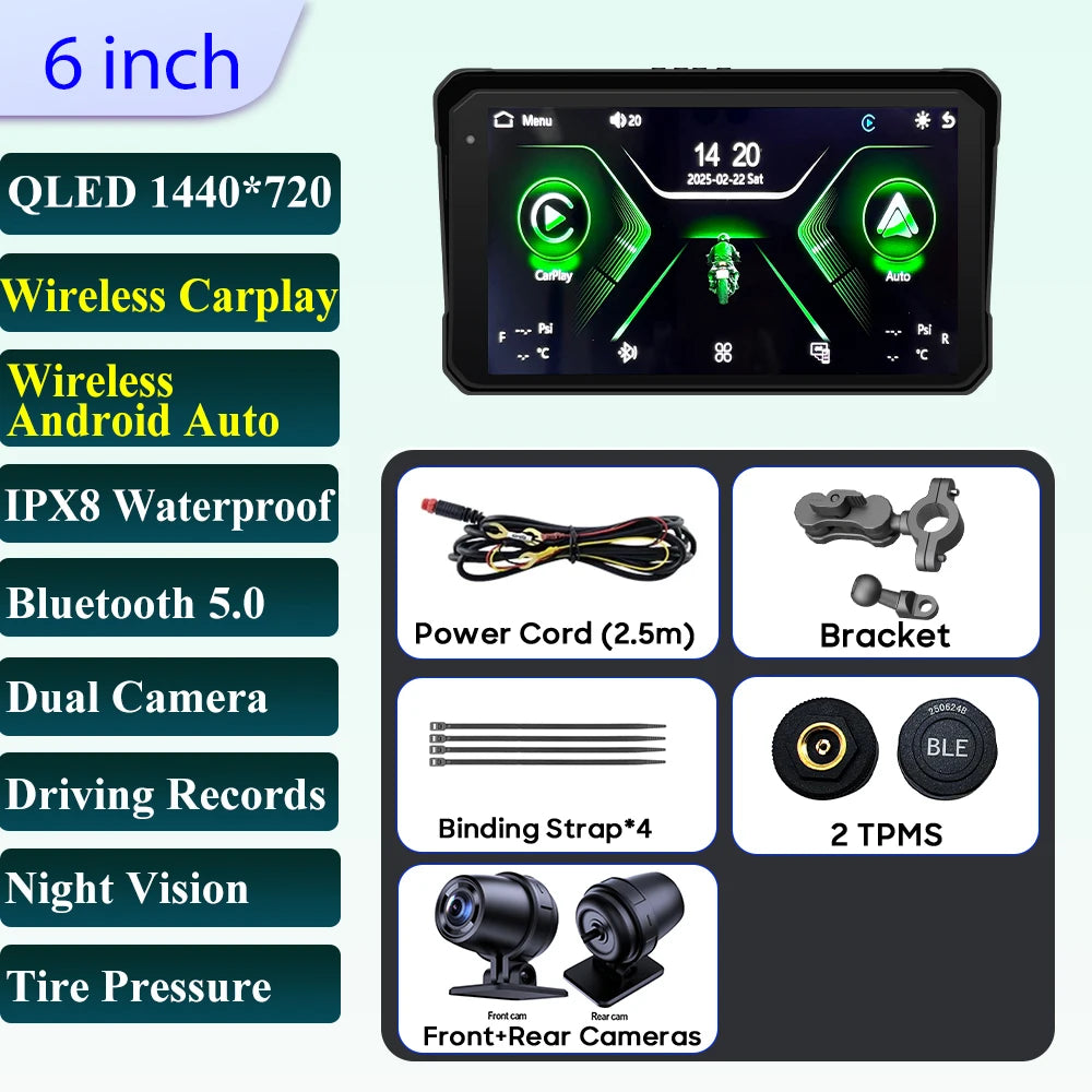 Pantalla Incell De Navegación Para Motocicleta De 6 Pulgadas, 1440X720, Carplay Inalámbrico, Android, Auto, Motor GPS, Monitor DVR, TPMS Opcional