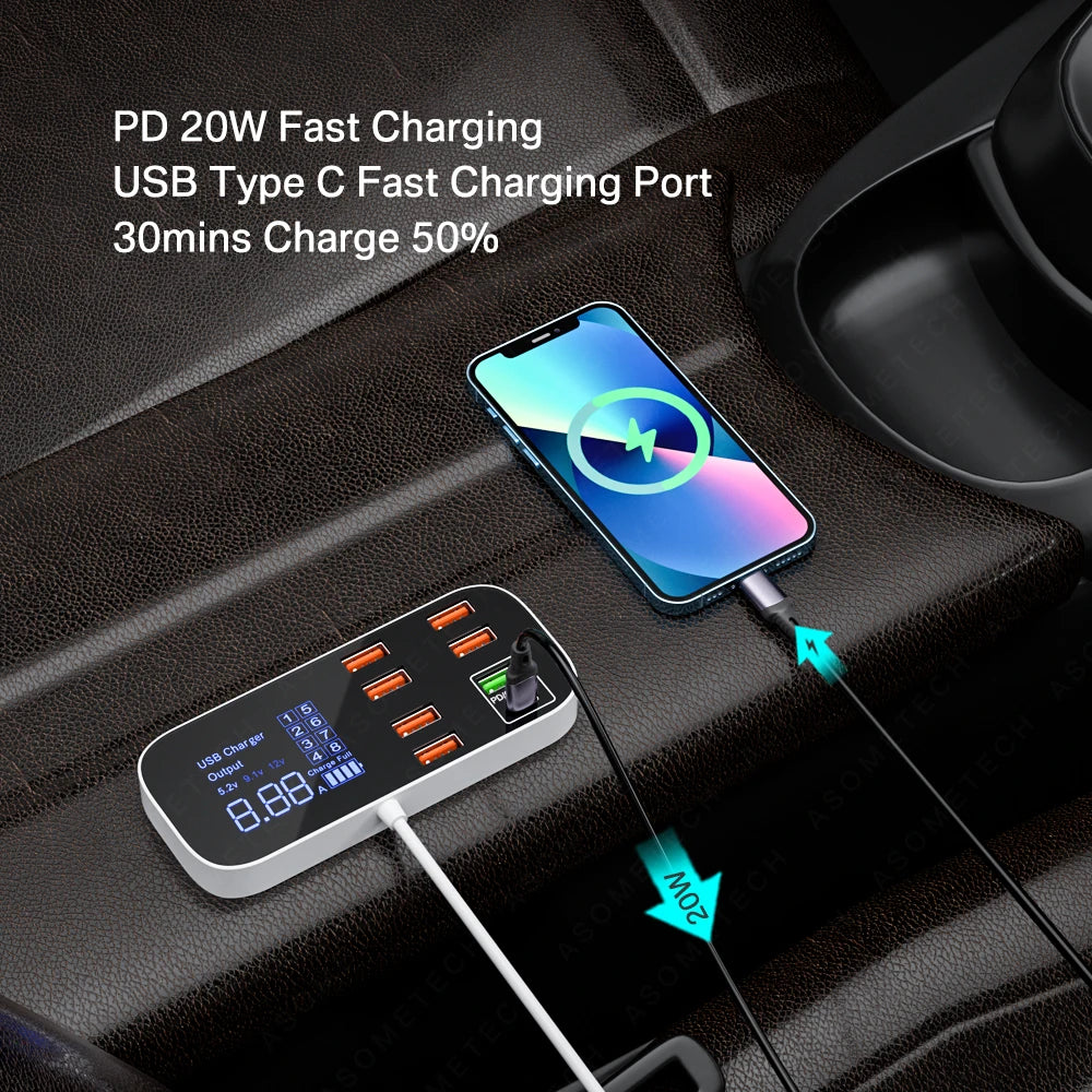 Cargador De Coche USB De 40W Y 8 Puertos QC3.0 PD Tipo C Cargador De Teléfono Rápido Con Pantalla LED Cargador Multi USB Para Iphone 14 Android Samsung
