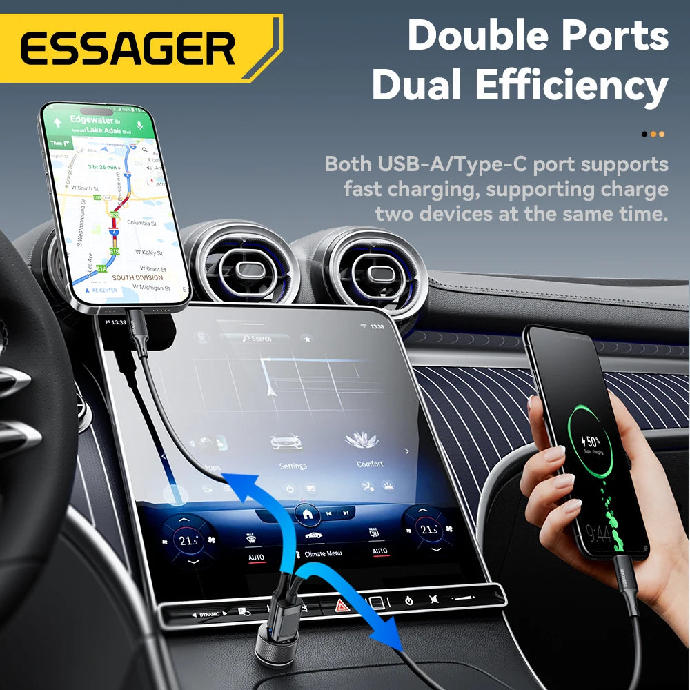 Essager USB C Cargador De Coche 45W 2 Puertos PD3.0 QC3.0 Pantalla Digital Cargador De Teléfono De Coche Para Iphone 16 15 Xiaomi Huawei Samsung OPPO