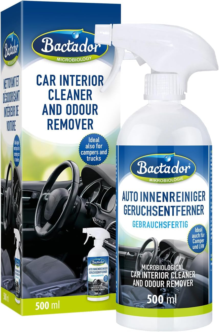 Bactador Spray Limpiador Y Eliminador De Olores Para Coches 500 Ml - Eliminador De Olores Microbiológicos Y Limpiador Para Interiores De Coches - Fiable Para Olores De Mascotas - Natural
