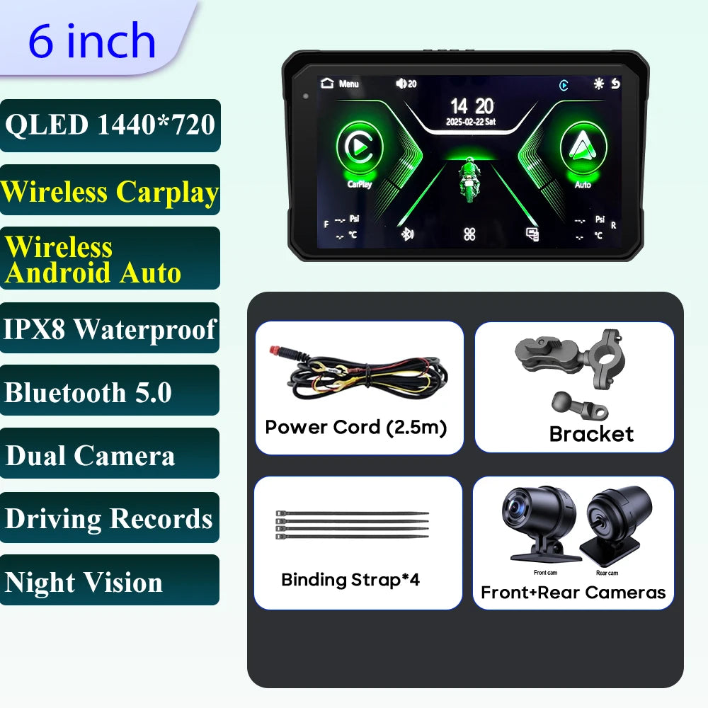 Pantalla Incell De Navegación Para Motocicleta De 6 Pulgadas, 1440X720, Carplay Inalámbrico, Android, Auto, Motor GPS, Monitor DVR, TPMS Opcional