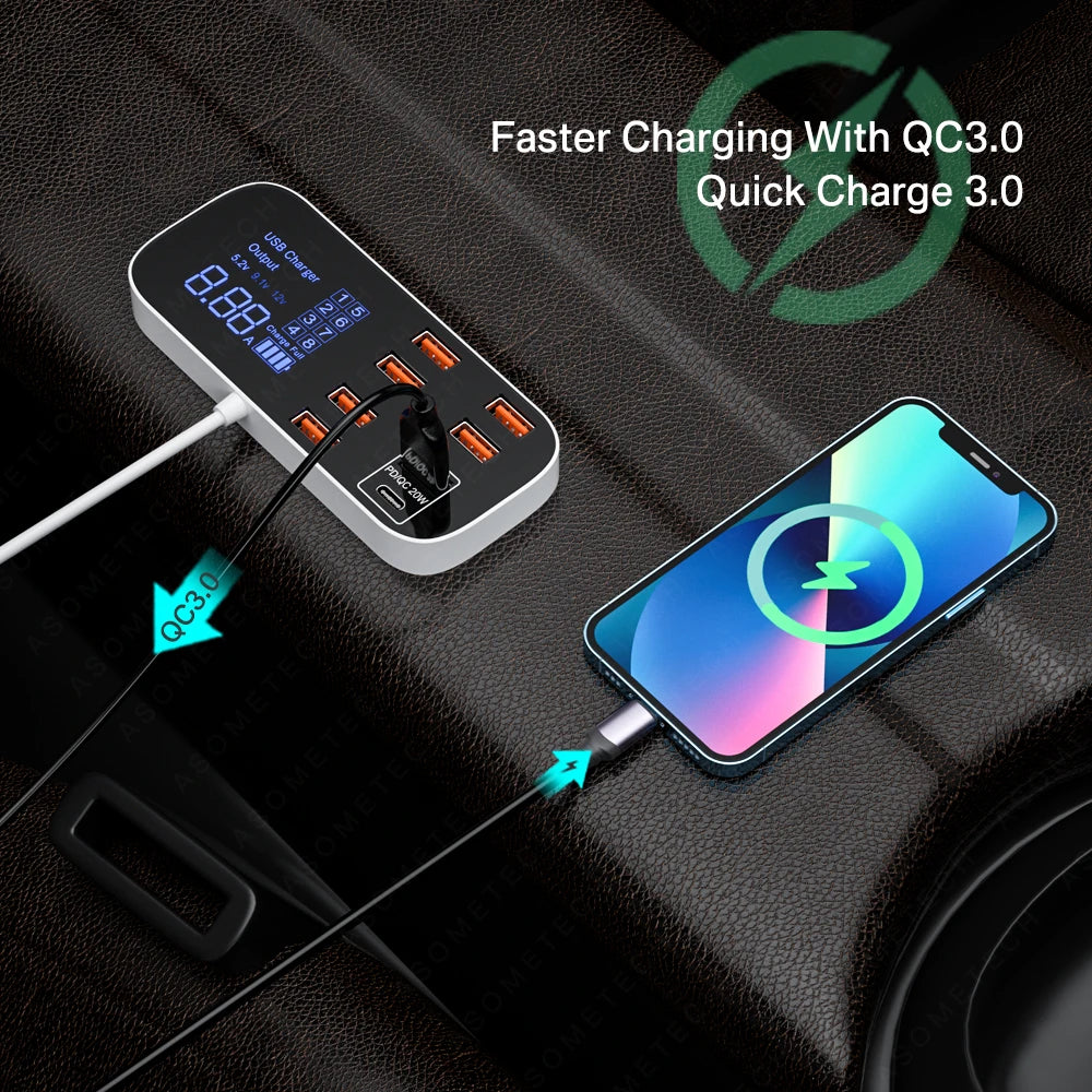 Cargador De Coche USB De 40W Y 8 Puertos QC3.0 PD Tipo C Cargador De Teléfono Rápido Con Pantalla LED Cargador Multi USB Para Iphone 14 Android Samsung
