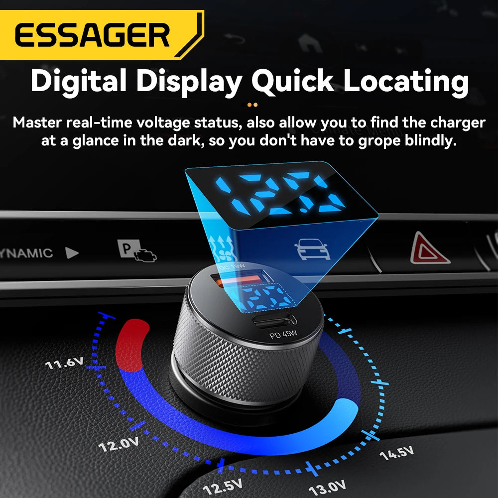 Essager USB C Cargador De Coche 45W 2 Puertos PD3.0 QC3.0 Pantalla Digital Cargador De Teléfono De Coche Para Iphone 16 15 Xiaomi Huawei Samsung OPPO