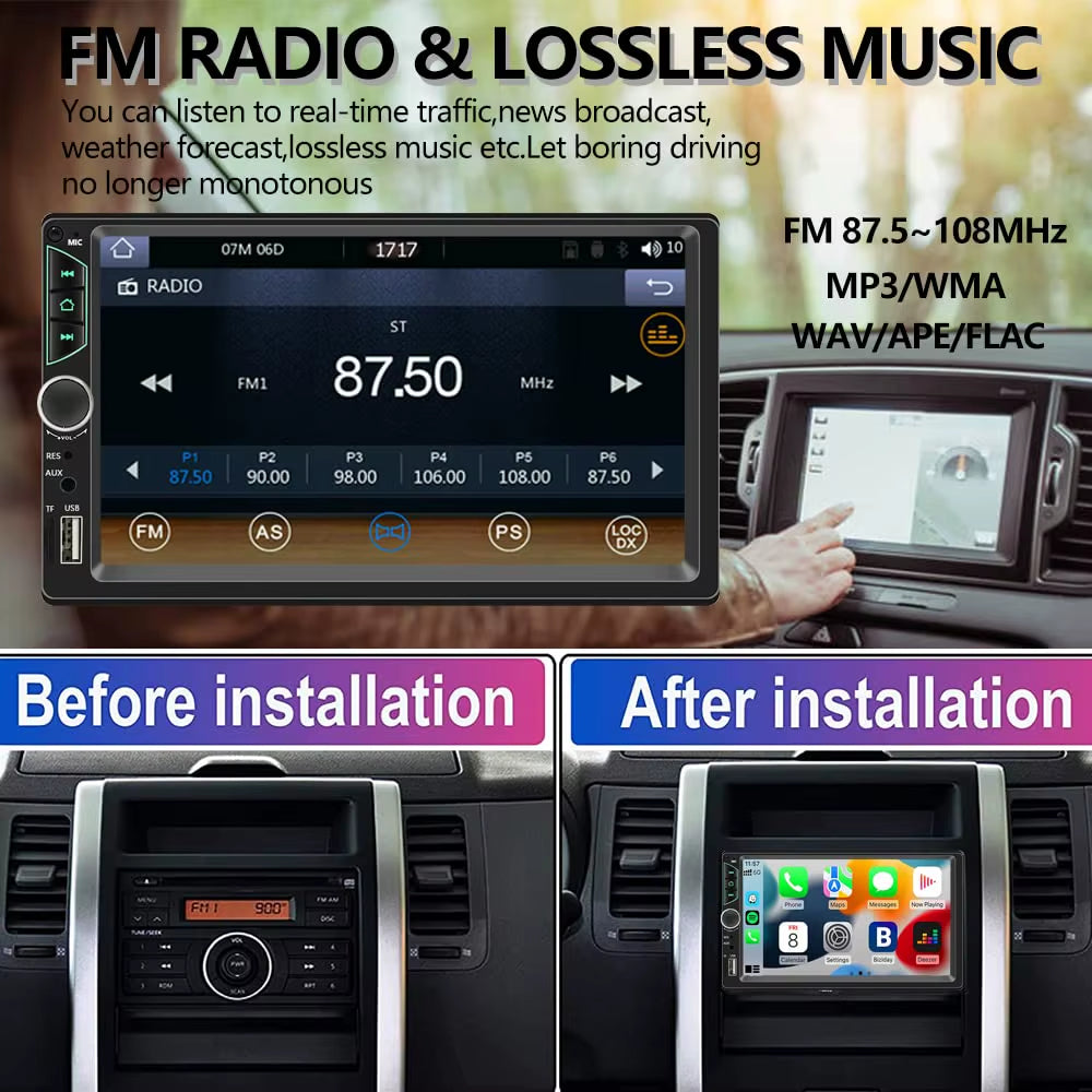 Radio De Coche Con Pantalla Táctil HD De 7 Pulgadas, Reproductor De Vídeo De Coche De Alta Calidad De 2 Din, Carplay Inalámbrico, Android Auto Con Cámara Trasera Bluetooth