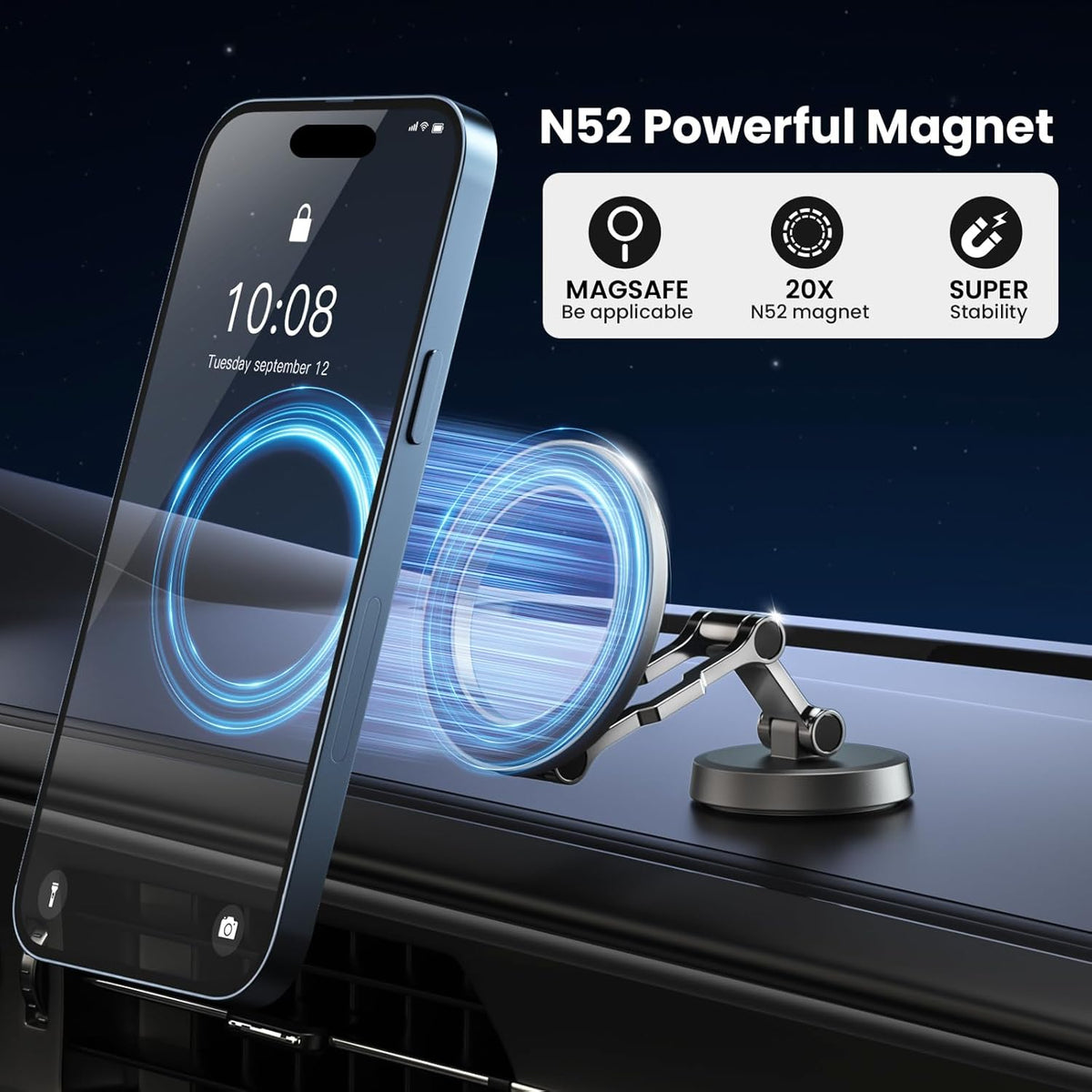 Soporte Magnetico Movil Coche Para Magsafe, Plegable, Rotación De 360° | Succión Potente,Parabrisas Salpicadero Porta Movil,Todo Metal Soporte Telefono Coche Para Iphone Y Funda Magsafe
