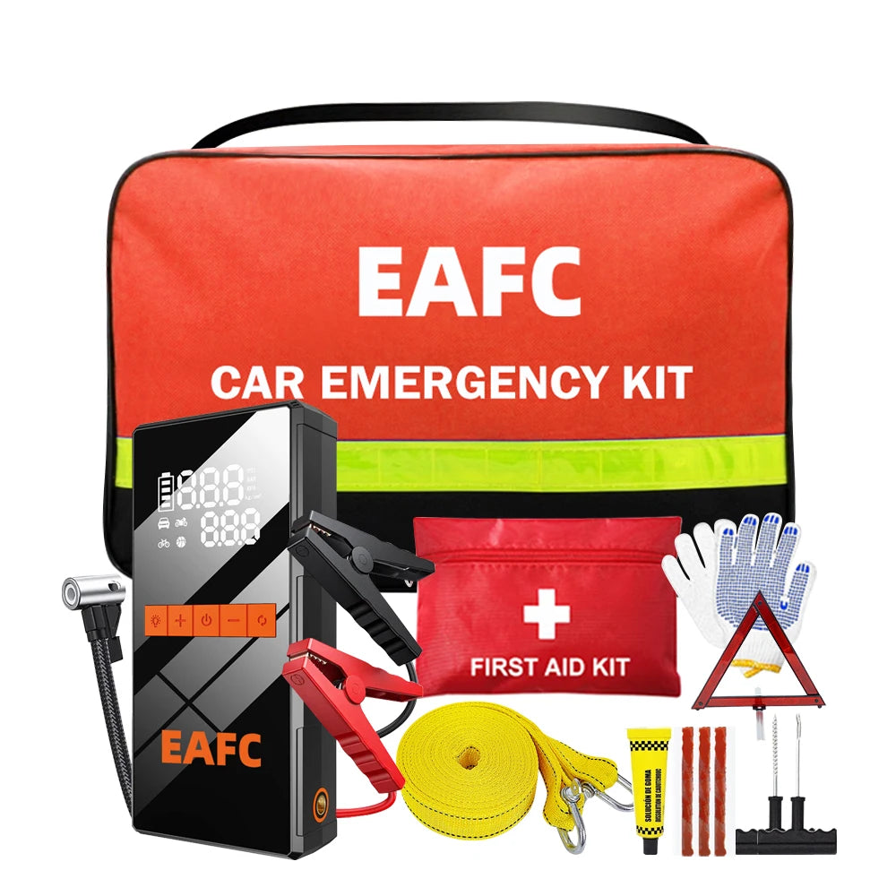 Kit De Emergencia De Asistencia En Carretera Kit De Emergencia Para Automóvil Kit De Emergencia Con Jumpstarter Con Bomba De Aire Kit De Reparación De Neumáticos, Kit De Primeros Auxilios, Cuerda De Remolque