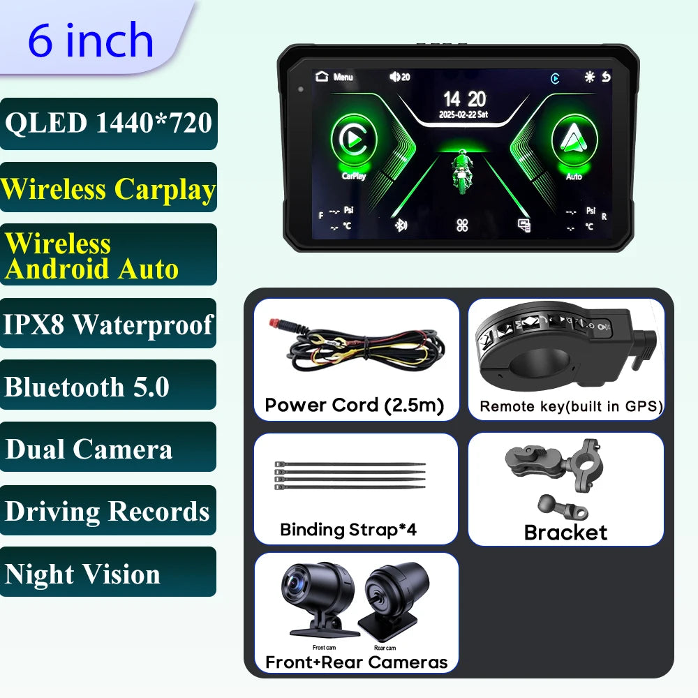 Pantalla Incell De Navegación Para Motocicleta De 6 Pulgadas, 1440X720, Carplay Inalámbrico, Android, Auto, Motor GPS, Monitor DVR, TPMS Opcional